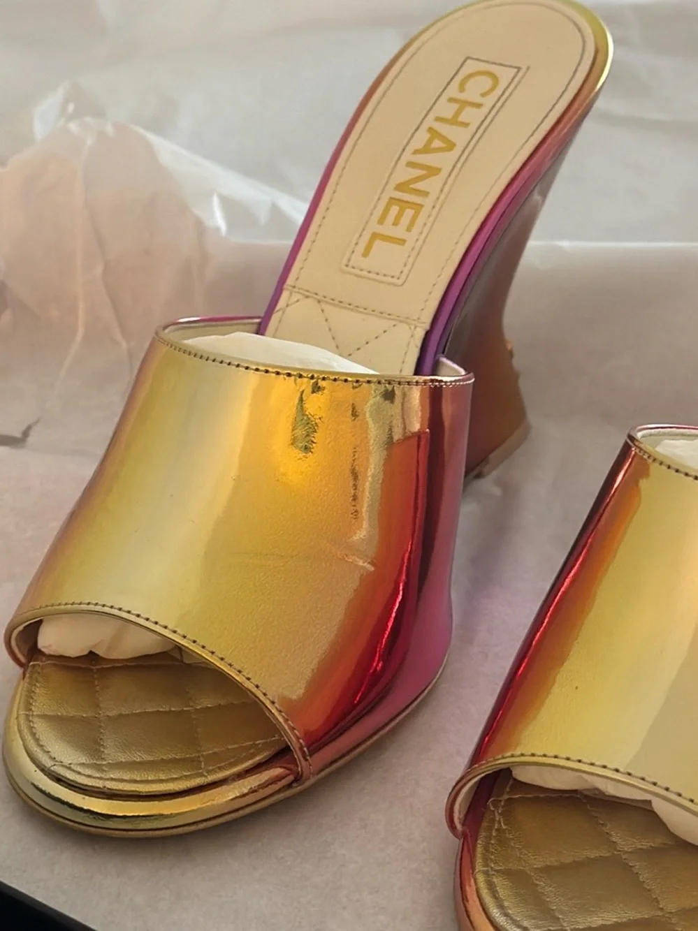 CHANEL Laminated Calfskin Wedge Mules 37.5 Pink Orange Yellow Multicolor CC logo